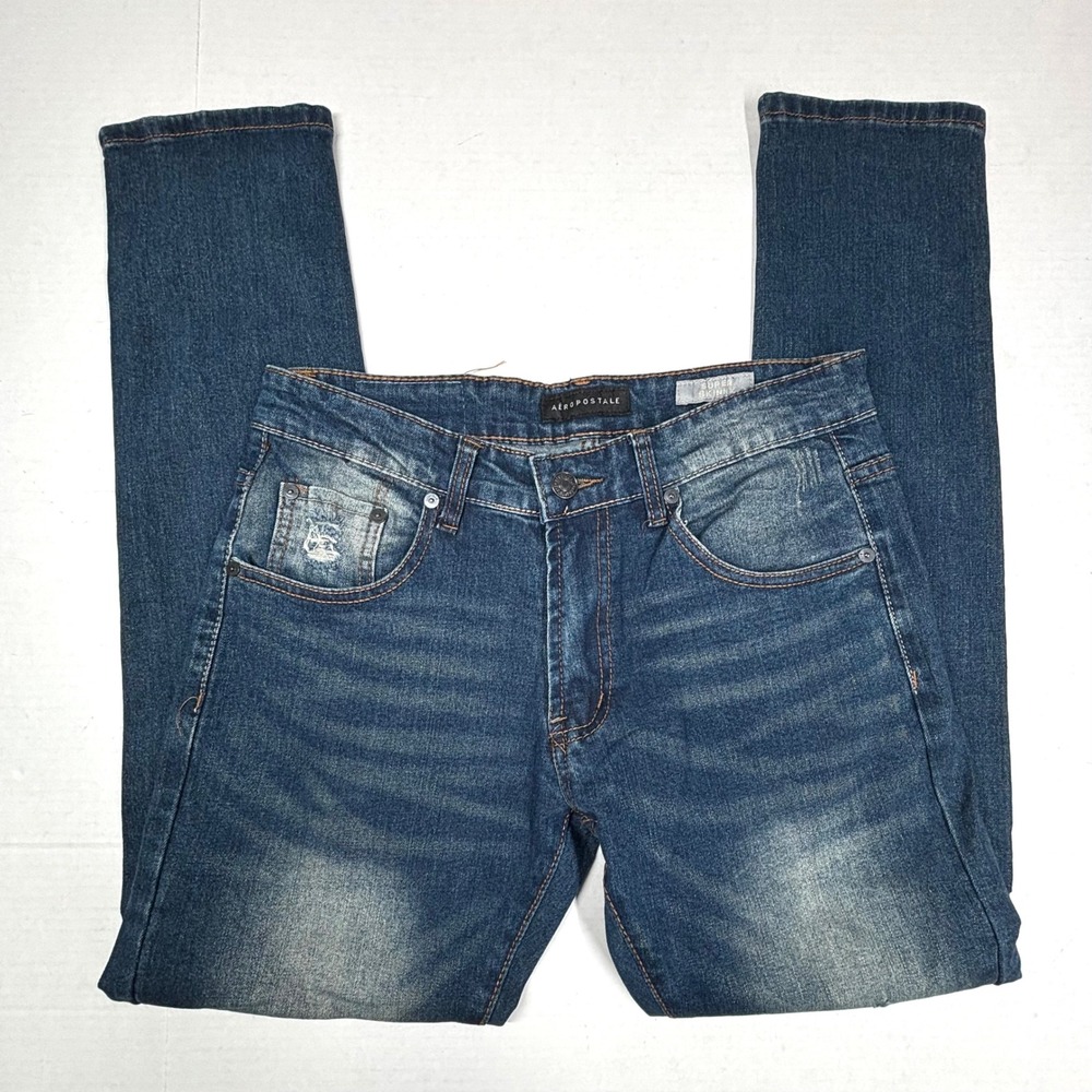 Aeropostale Mens Super Skinny Jeans Blue‎ Wash Distressed 30x30 EUC